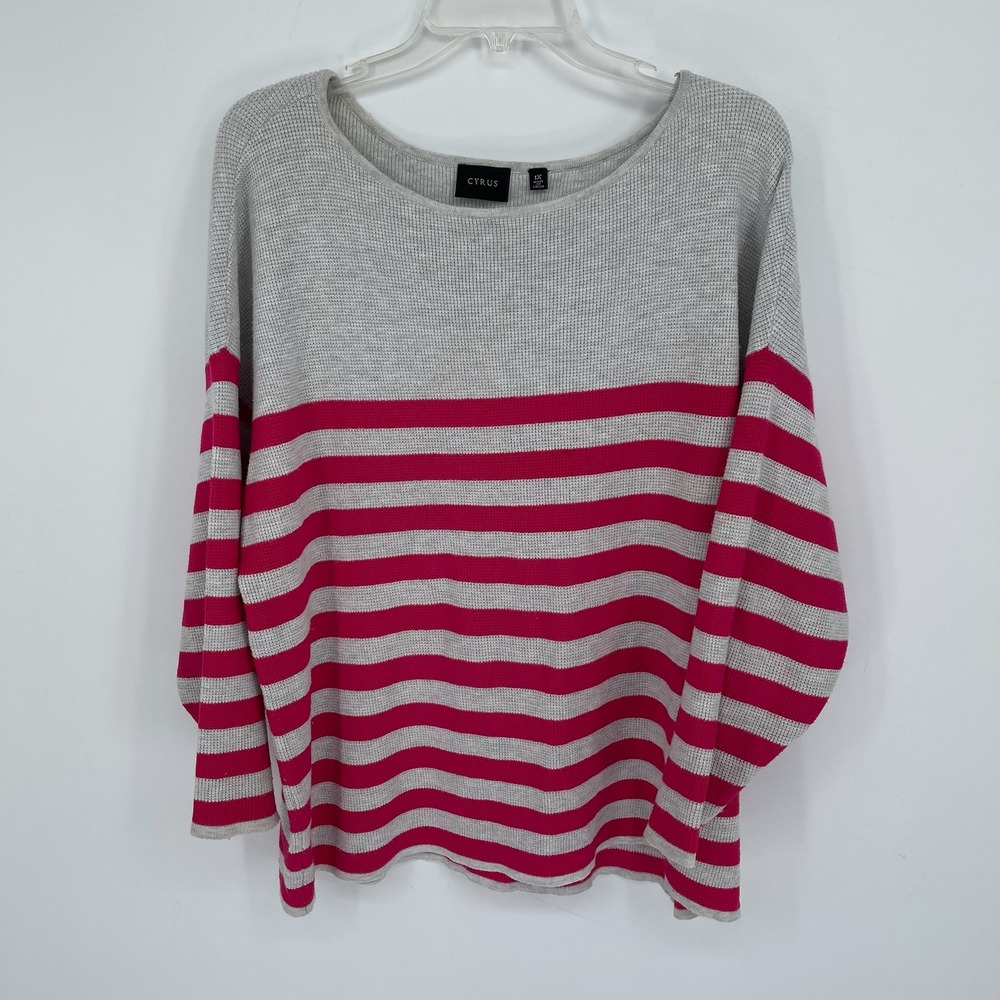 Cyrus Women's Grey Pink Striped Knit Boat Neck Pullover Preppy Sweater Size 1X